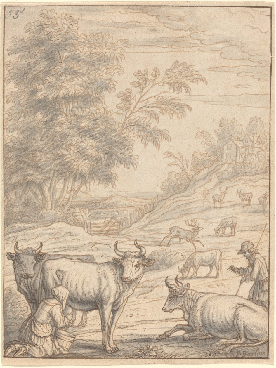 Un pré avec du bétail et des cerfs - Francis Barlow