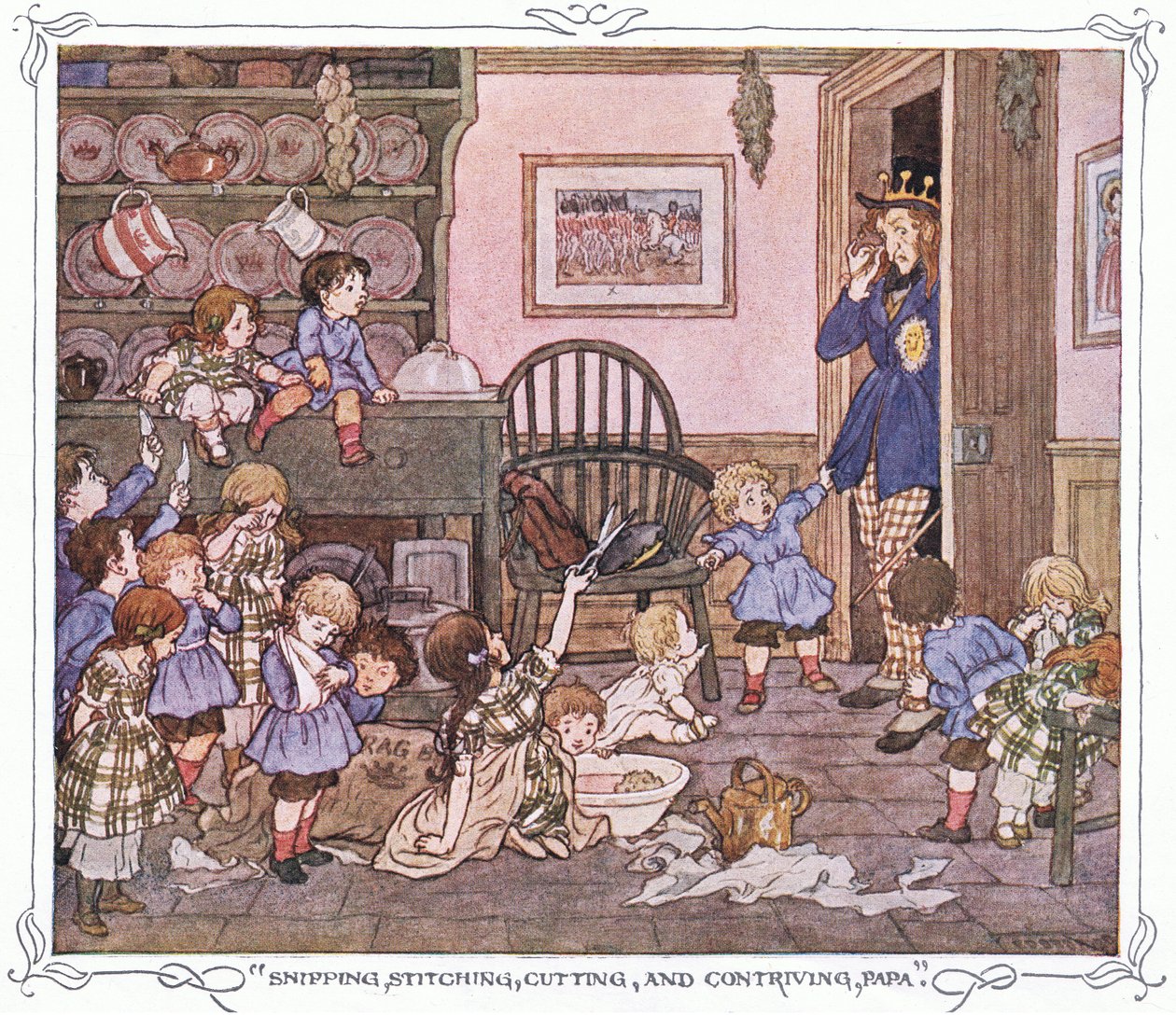 "Snipping, stitching, cutting and contriving, Papa", extrait de The Magic Fishbone publié par Warne  Co, c.1940 (lithographie en couleur) - Francis Donkin Bedford