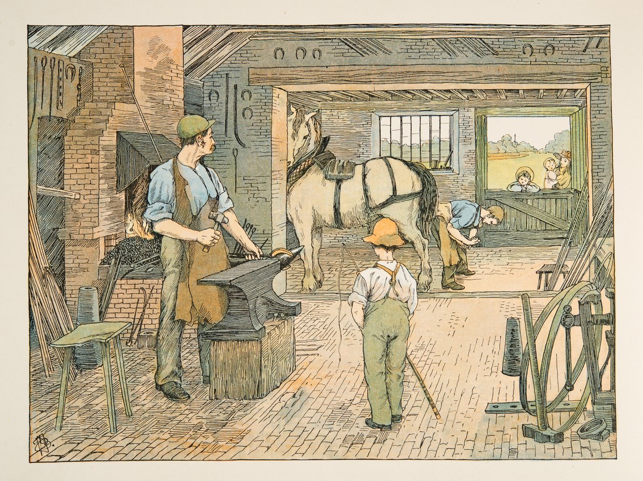 Le forgeron, tiré de Four and Twenty Toilers, pub. 1900 (lithographie couleur) - Francis Donkin Bedford