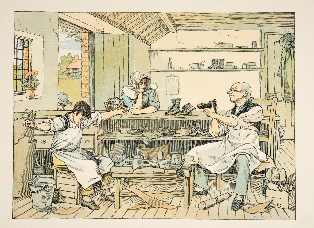 Le cordonnier, tiré de Four and Twenty Toilers, pub. 1900 (lithographie couleur) - Francis Donkin Bedford