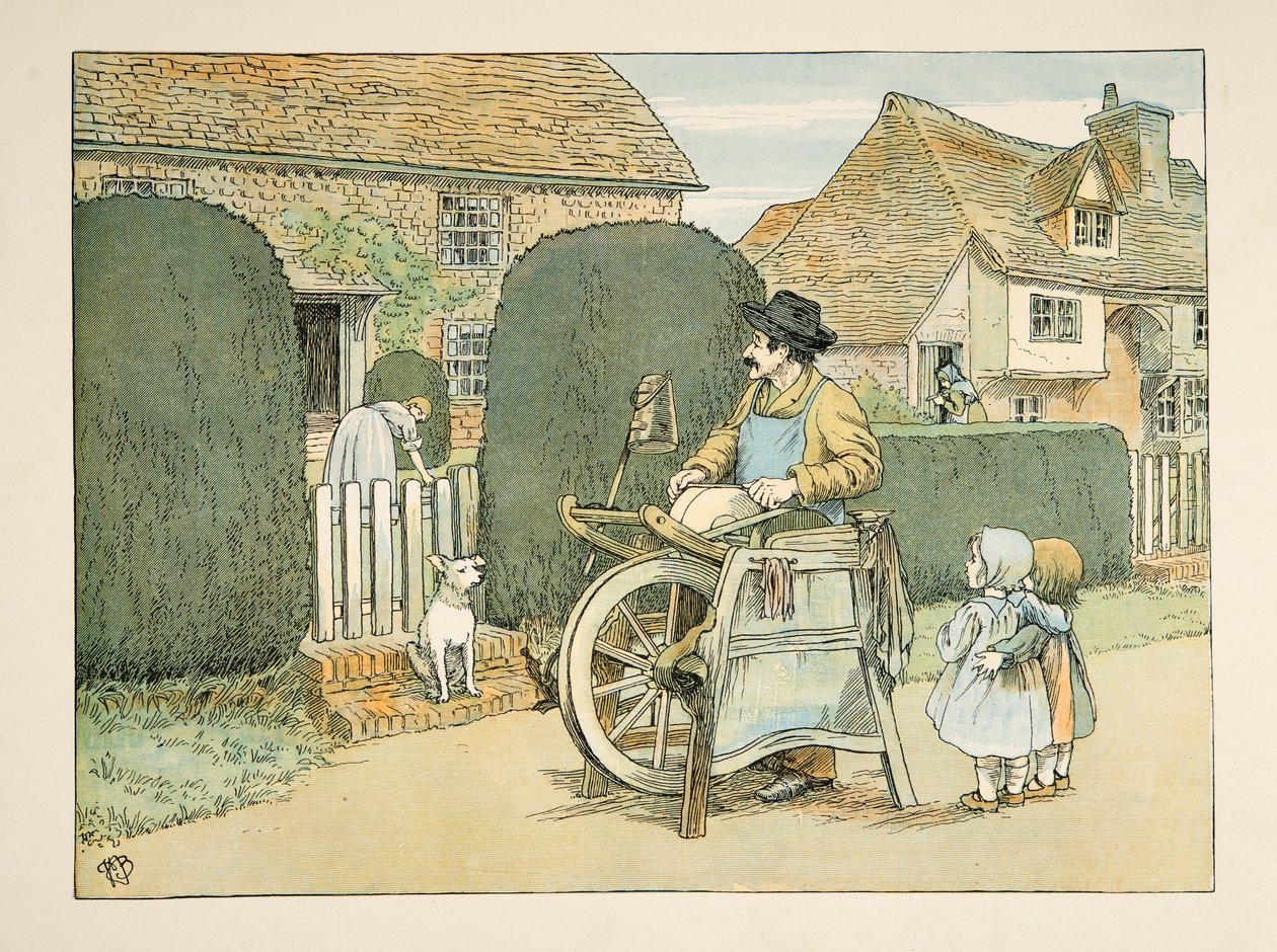 The Knife Grinder, tiré de Four and Twenty Toilers, pub. 1900 (lithographie couleur) - Francis Donkin Bedford