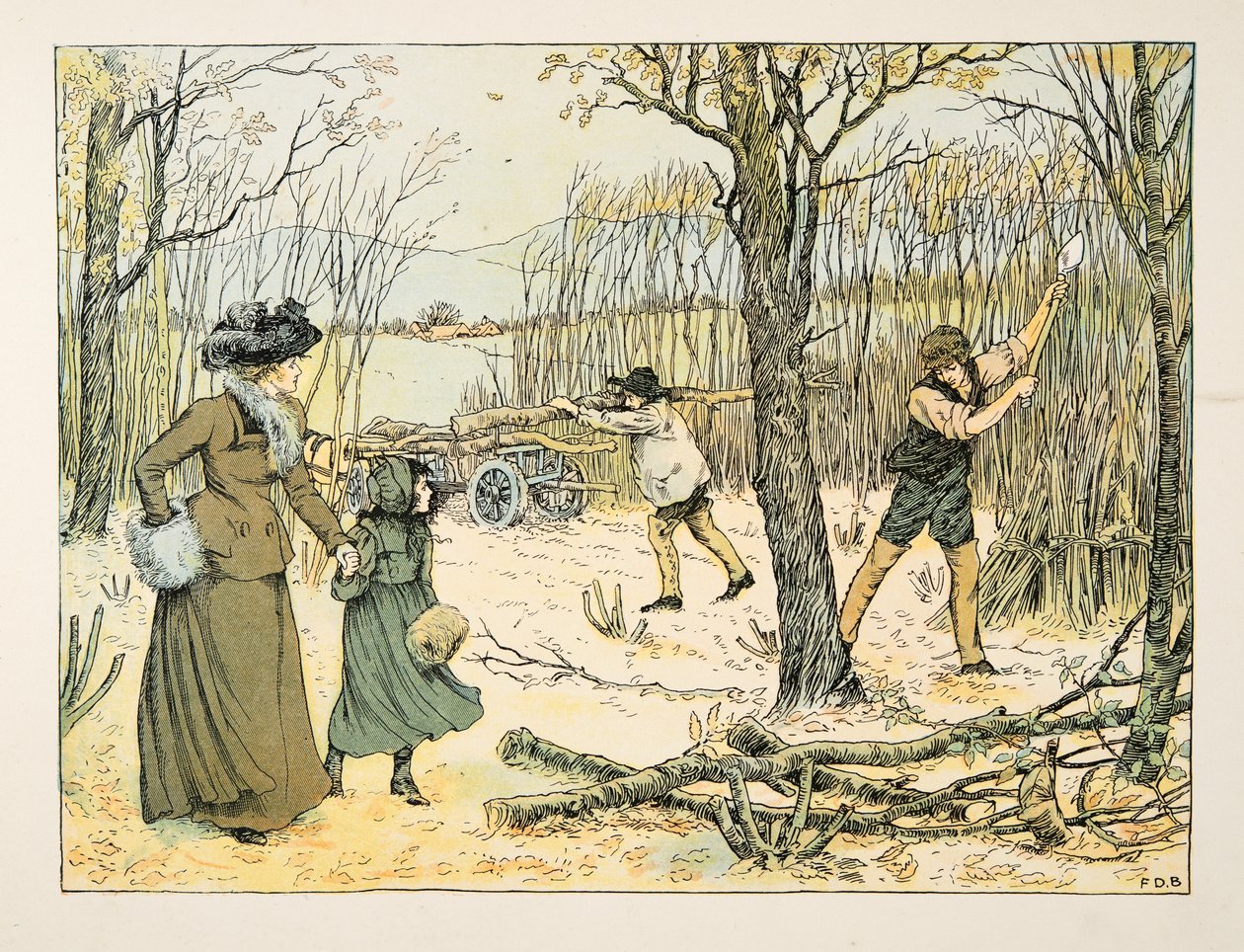 Le bûcheron, tiré de Four and Twenty Toilers, pub. 1900 (lithographie couleur) - Francis Donkin Bedford