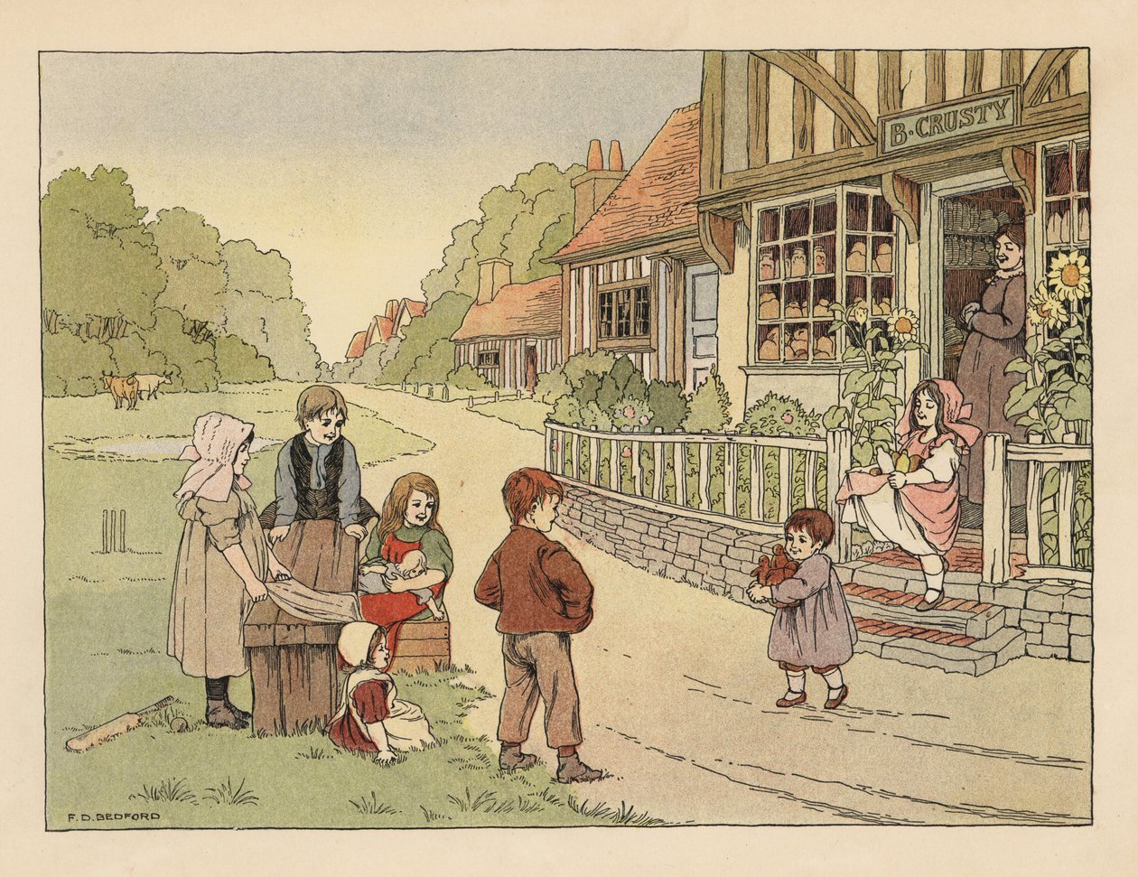 Enfants victoriens devant la boulangerie du village B. Crusty. Chromolithographie d