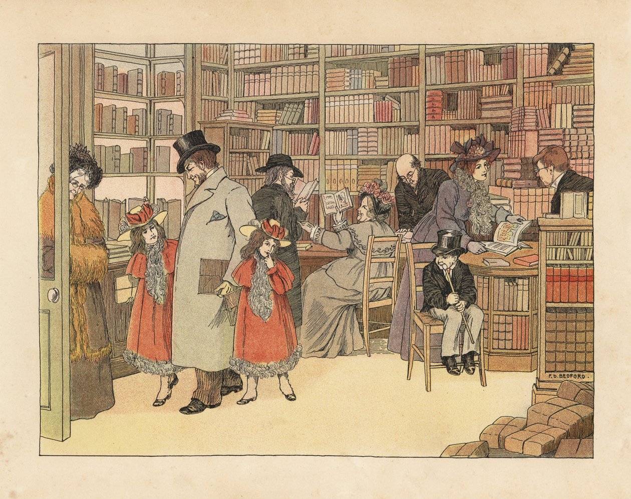 Clients victoriens dans une librairie. Chromolithographie d