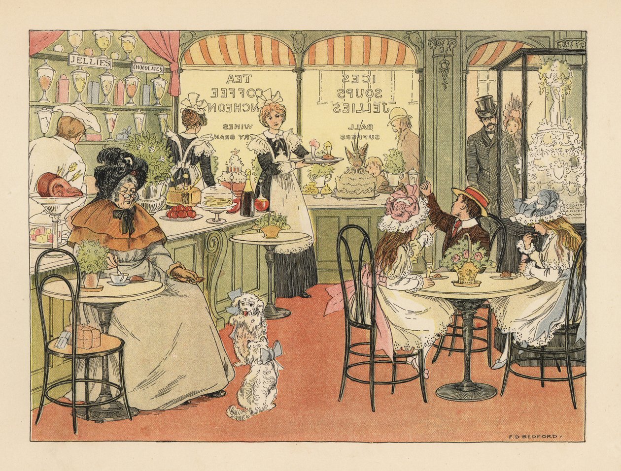 Clients victoriens dans un salon de thé et confiseurs. Chromolithographie d