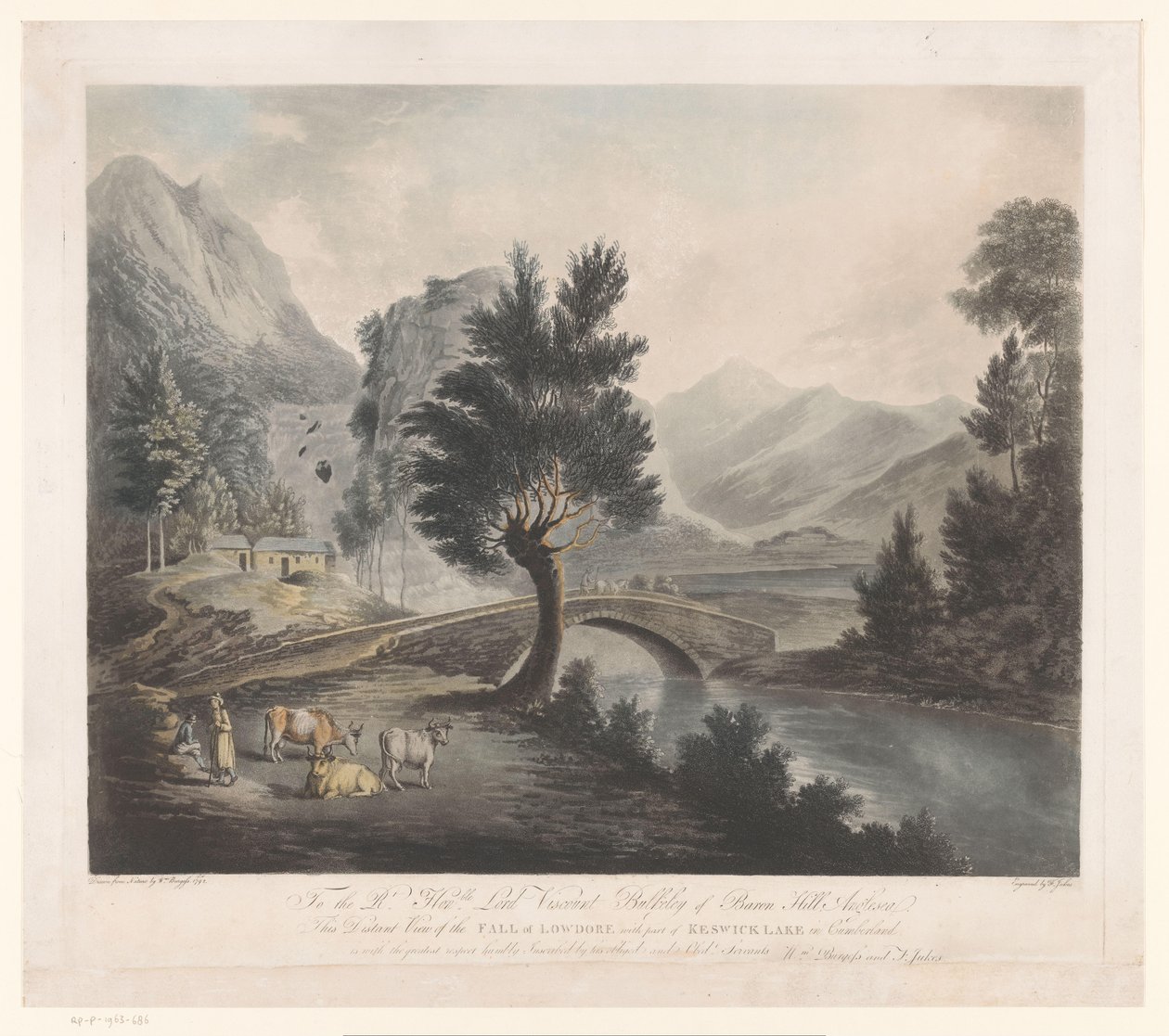 Vue lointaine de la chute de Lowdore avec une partie du lac Keswick dans le Cumberland - Francis Jukes