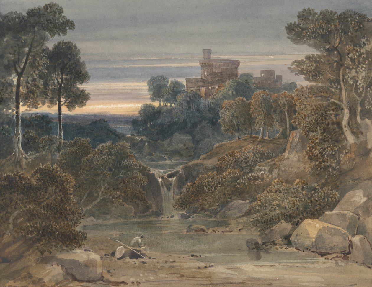 Paysage avec château, cascade et ruisseau au premier plan - Francis Oliver Finch