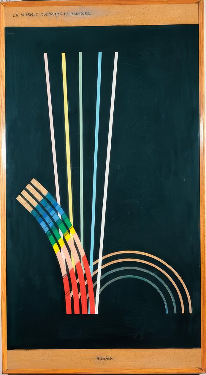 Tout le monde. Couleurs noires, lignes blanches, rouges, bleues, jaunes, courbes, lignes droites, arcs. - Francis Picabia