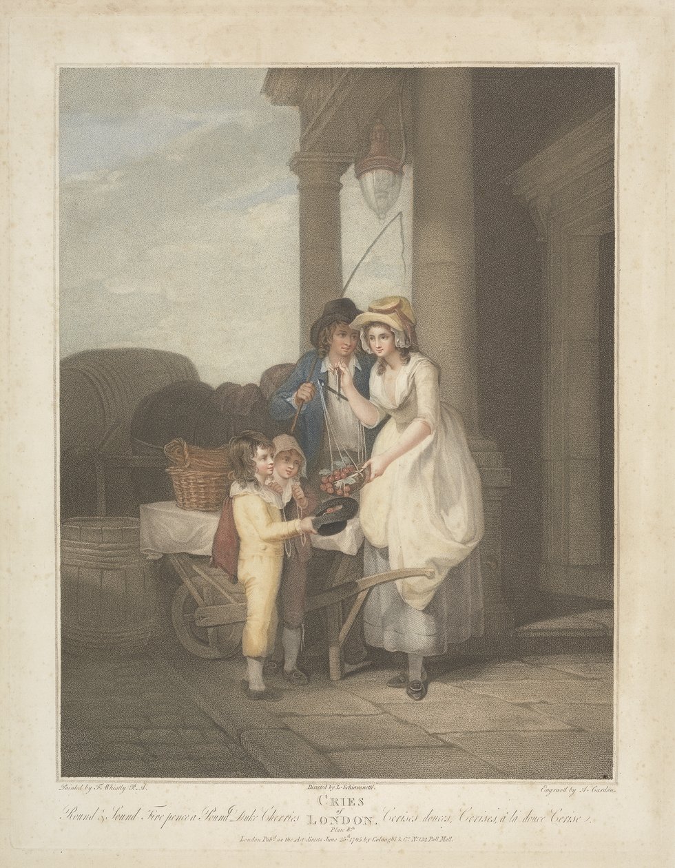 Les cris de Londres : Rond et Sonore, Cinq Pence la Livre, Cerises du Duc, gravé par Anthony Cardon, 1795 - Francis after Wheatley
