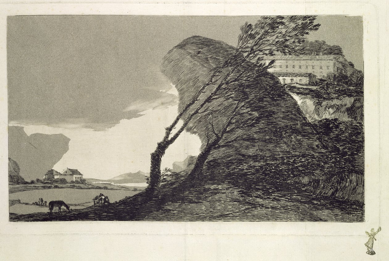 Paysage avec de grands rochers, des bâtiments et des arbres, avant 1810 - Francisco de Goya