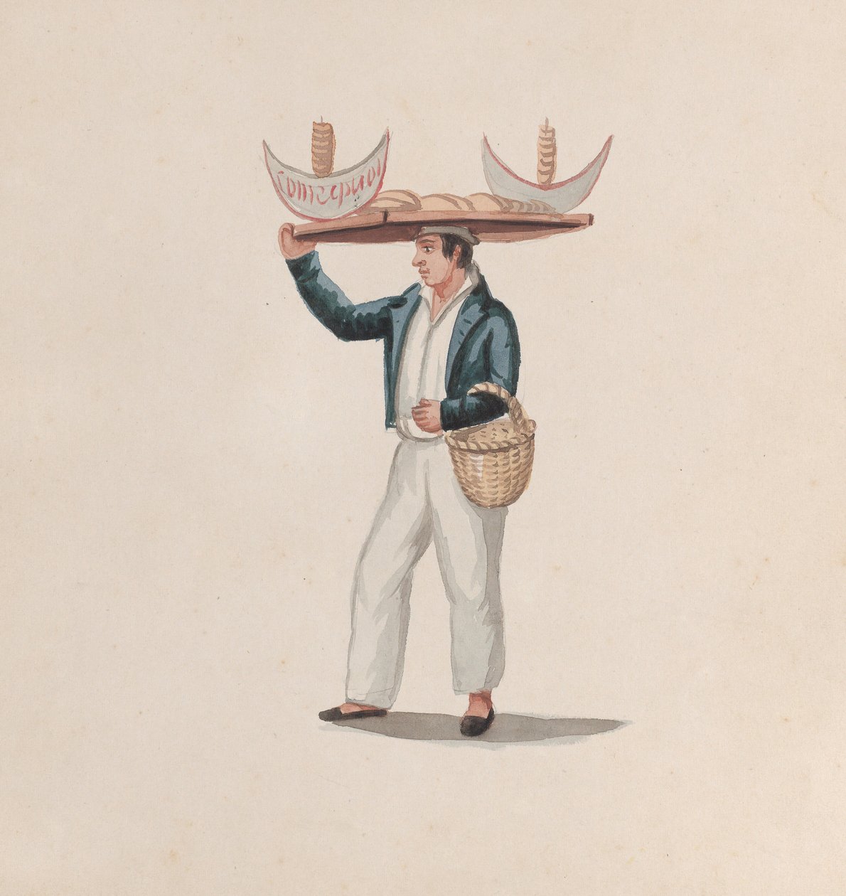 Un vendeur de tortillas équilibrant un plateau sur sa tête, d