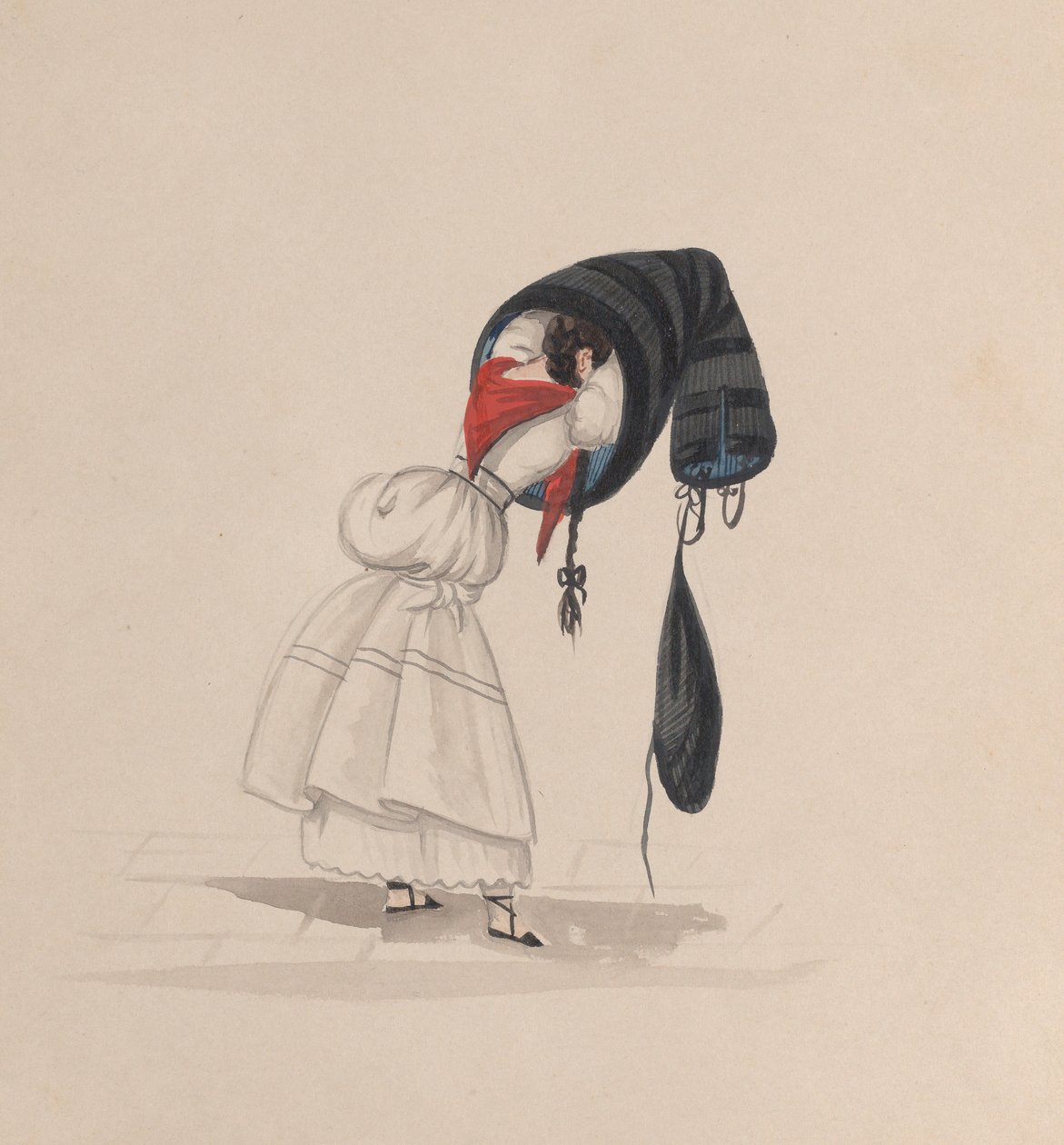 Une femme mettant son saya, vue de dos, d