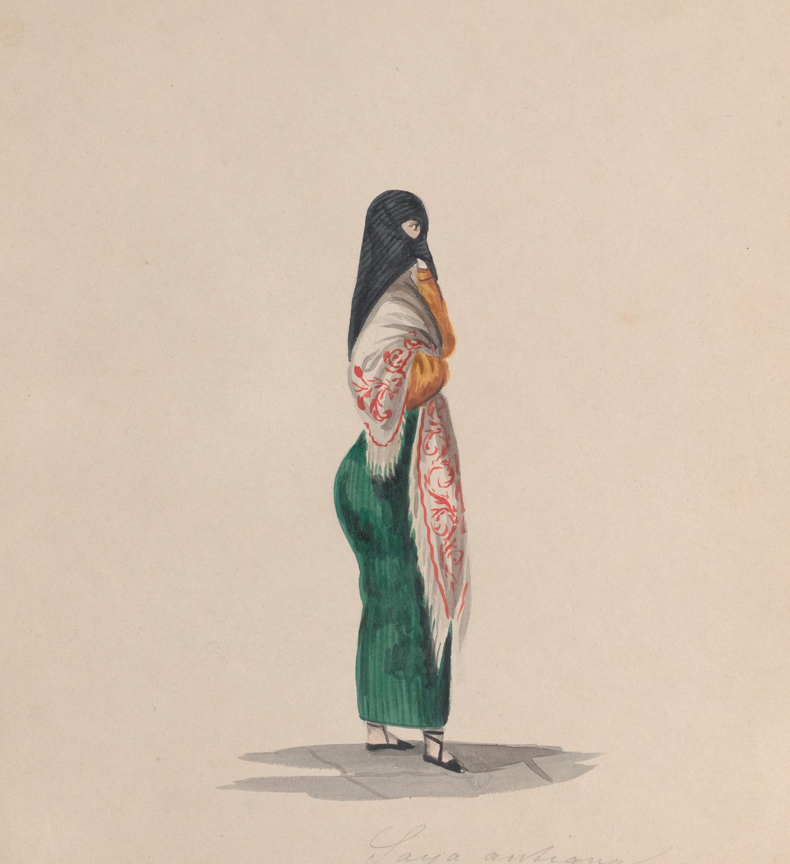Une femme portant la saya de profil, d