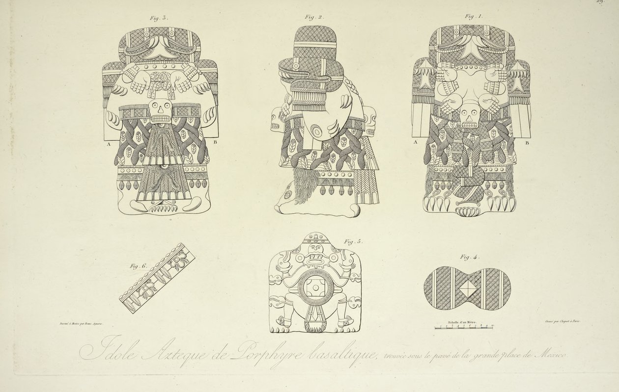 Idole aztèque en porphyre basaltique, trouvée sous la Grand-Place de Mexico, gravée par Cloquet, illustration de 