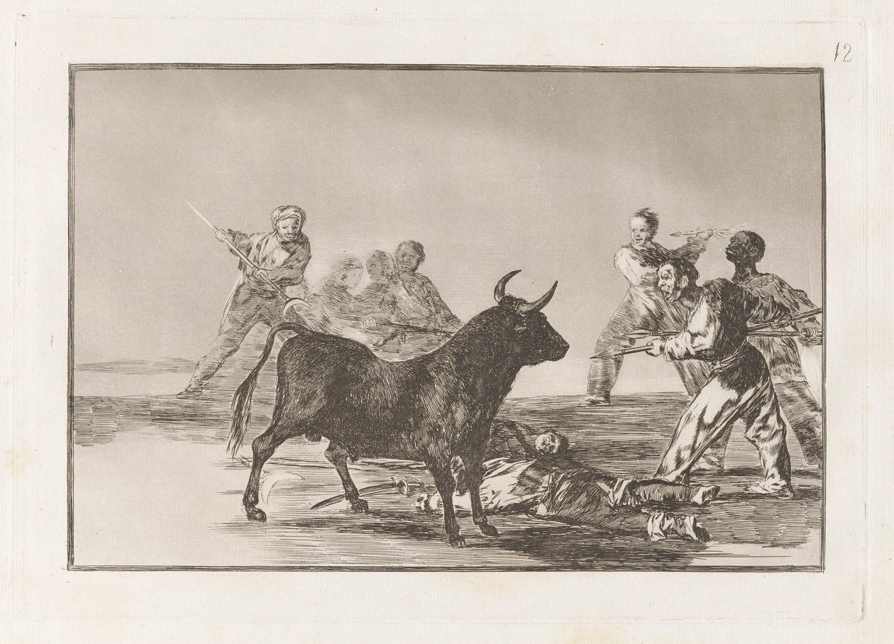 Desjarrete de la canalla con lanzas, medias-lunas, banderillas y otras armas, Planche 12 de La tauromaquia - Francisco de Goya