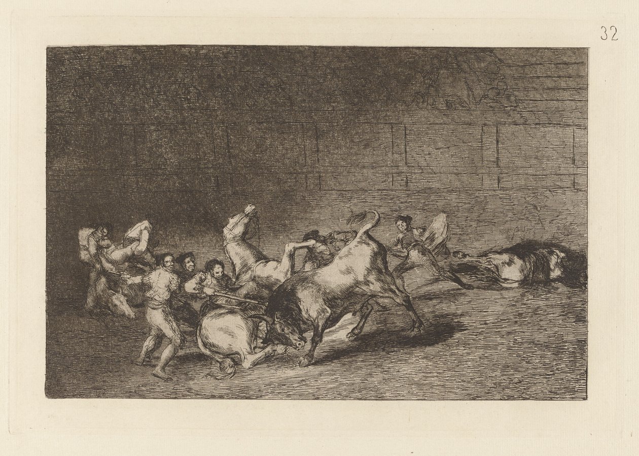 Dos grupos de picadores arrolados de seguida por un solo toro, Planche 32 de La tauromaquia - Francisco de Goya