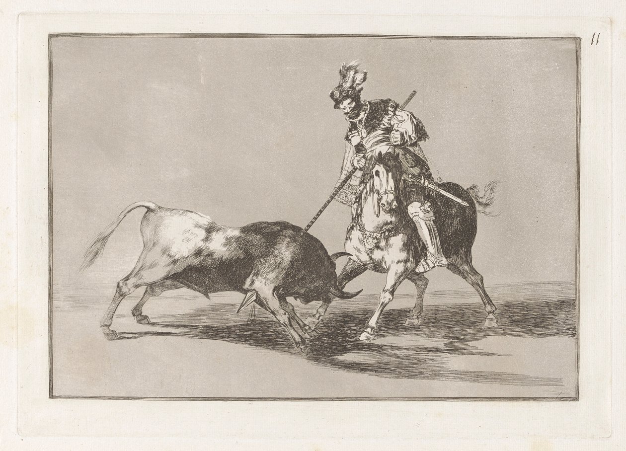 El Cid Campeador lanceant un autre taureau, Planche 11 de La tauromachie - Francisco de Goya