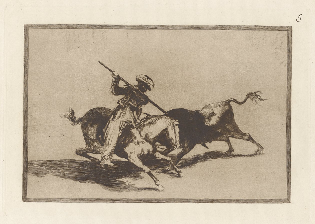 Le Moro Gazul courageux est le premier à lancer des taureaux selon les règles, Pl. 5 de La tauromaquia - Francisco de Goya