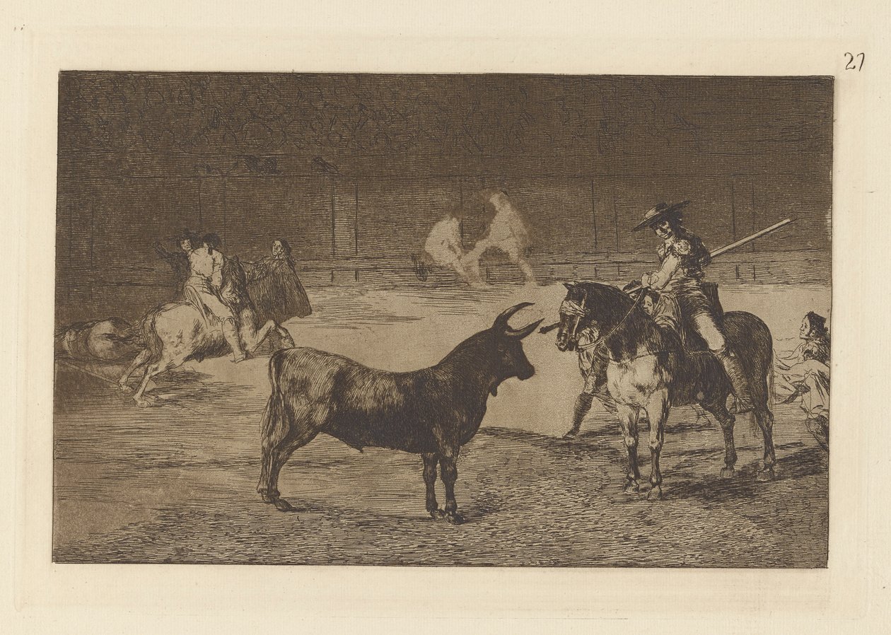 Le célèbre picador, Fernando del Toro, attire la bête féroce avec sa pique, pl. 27 de La tauromachie - Francisco de Goya