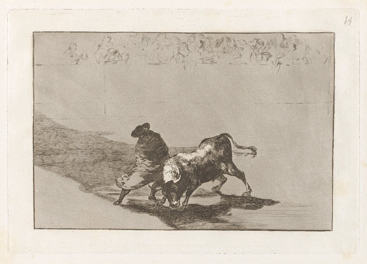 Le très habile étudiant de Falces, enveloppé dans sa cape, trompe le taureau avec le jeu de son corps, Planche 14 de La tauromachie - Francisco de Goya