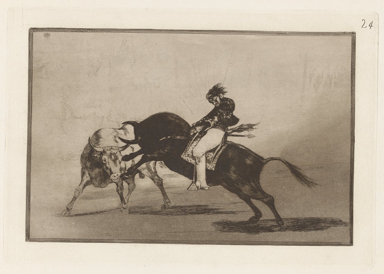 El mismo Ceballos montado sobre otro toro quiebra rejones en la plaza de Madrid, Planche 24 de La tauromaquia - Francisco de Goya
