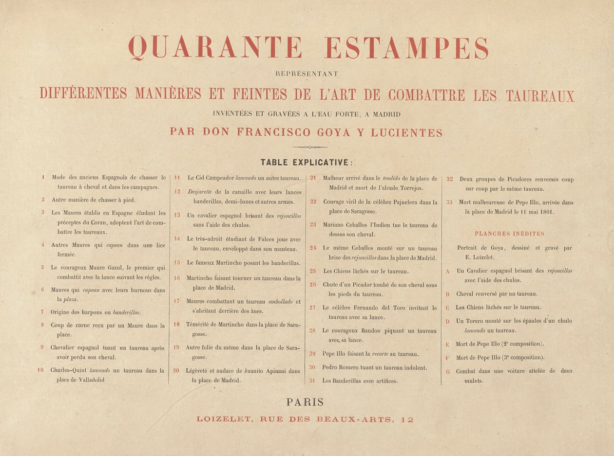Feuille explicative, de La tauromachie (Troisième édition) - Francisco de Goya
