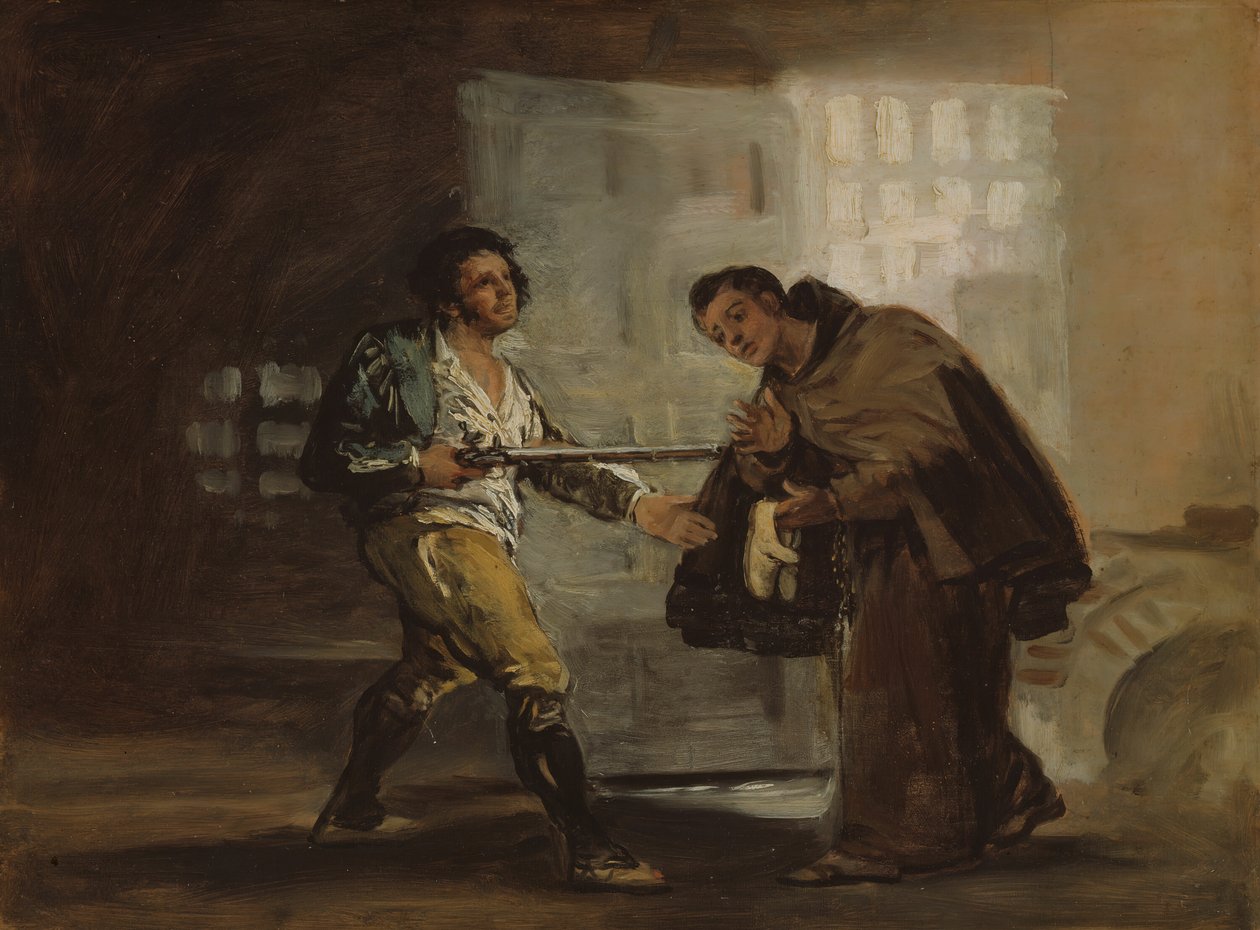 Frère Pedro offre des chaussures à El Maragato et se prépare à écarter son arme - Francisco de Goya