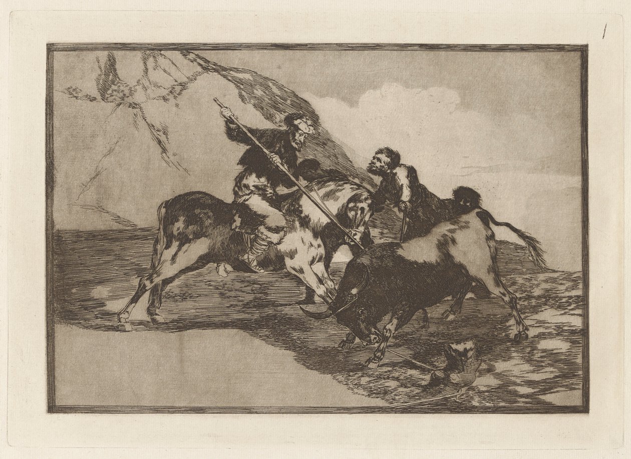 La manière dont les anciens Espagnols chassaient les taureaux à cheval dans la campagne, Planche 1 de La tauromachie - Francisco de Goya