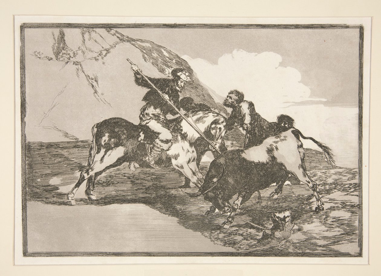 Modo con que los antiguos españoles cazaban los toros a caballo en el campo (La manière dont les anciens Espagnols chassaient les taureaux à cheval en plein champ), pl. 1 de la série La tauromaquia - Francisco de Goya
