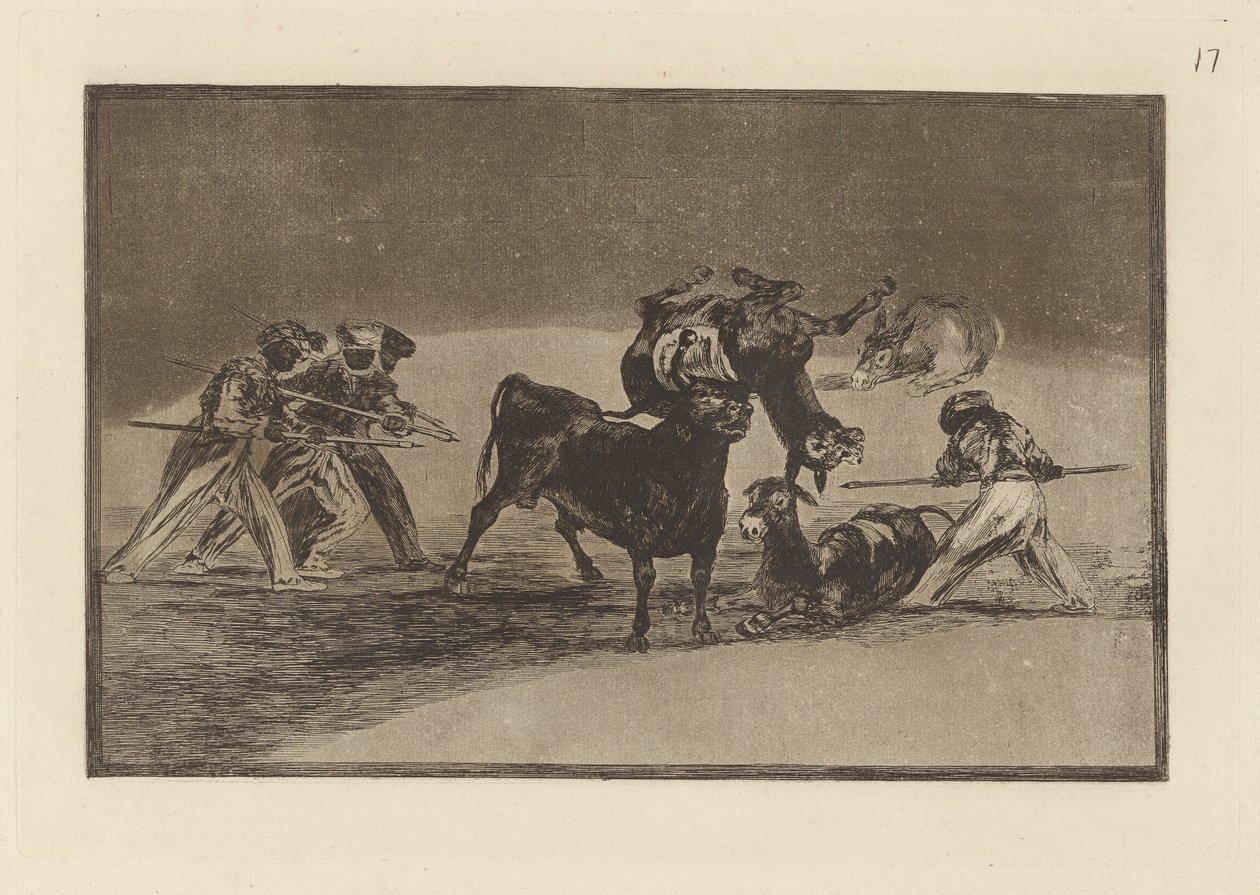 Les Maures utilisent des ânes comme barrière pour se défendre contre le taureau aux cornes emboulées, Planche 17 de La tauromachie - Francisco de Goya