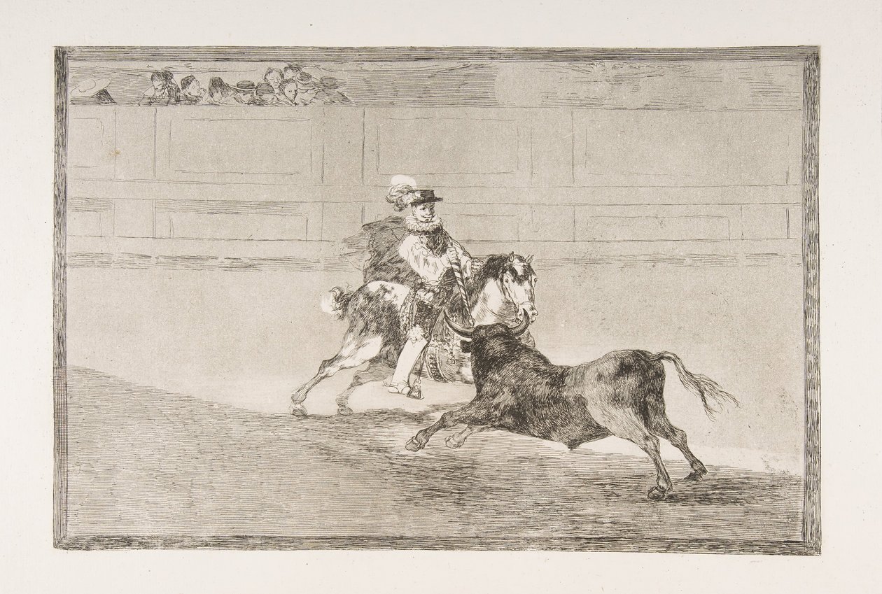 Planche 13 de la Tauromaquia : Un chevalier espagnol monté dans l