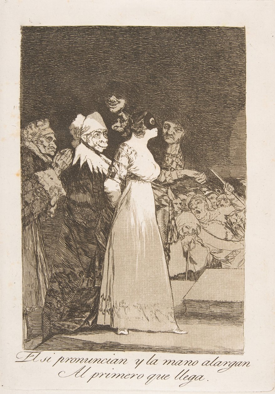 Planche 2 de Los Caprichos : Ils disent oui et donnent leur main au premier venu El si ..., 1799 - Francisco de Goya