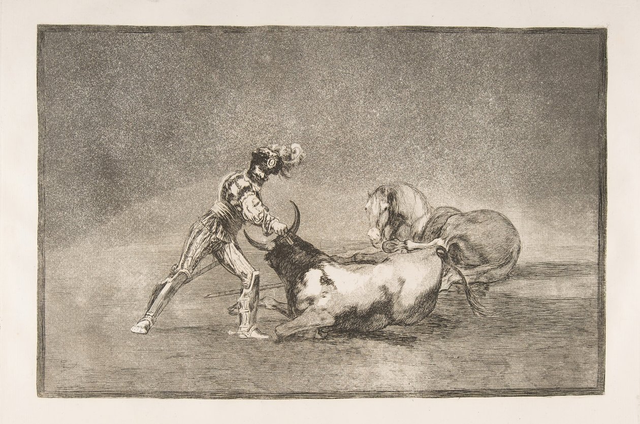 Planche 9 de la Tauromachie: Un chevalier espagnol tue le taureau après avoir perdu son cheval, 1816 - Francisco de Goya