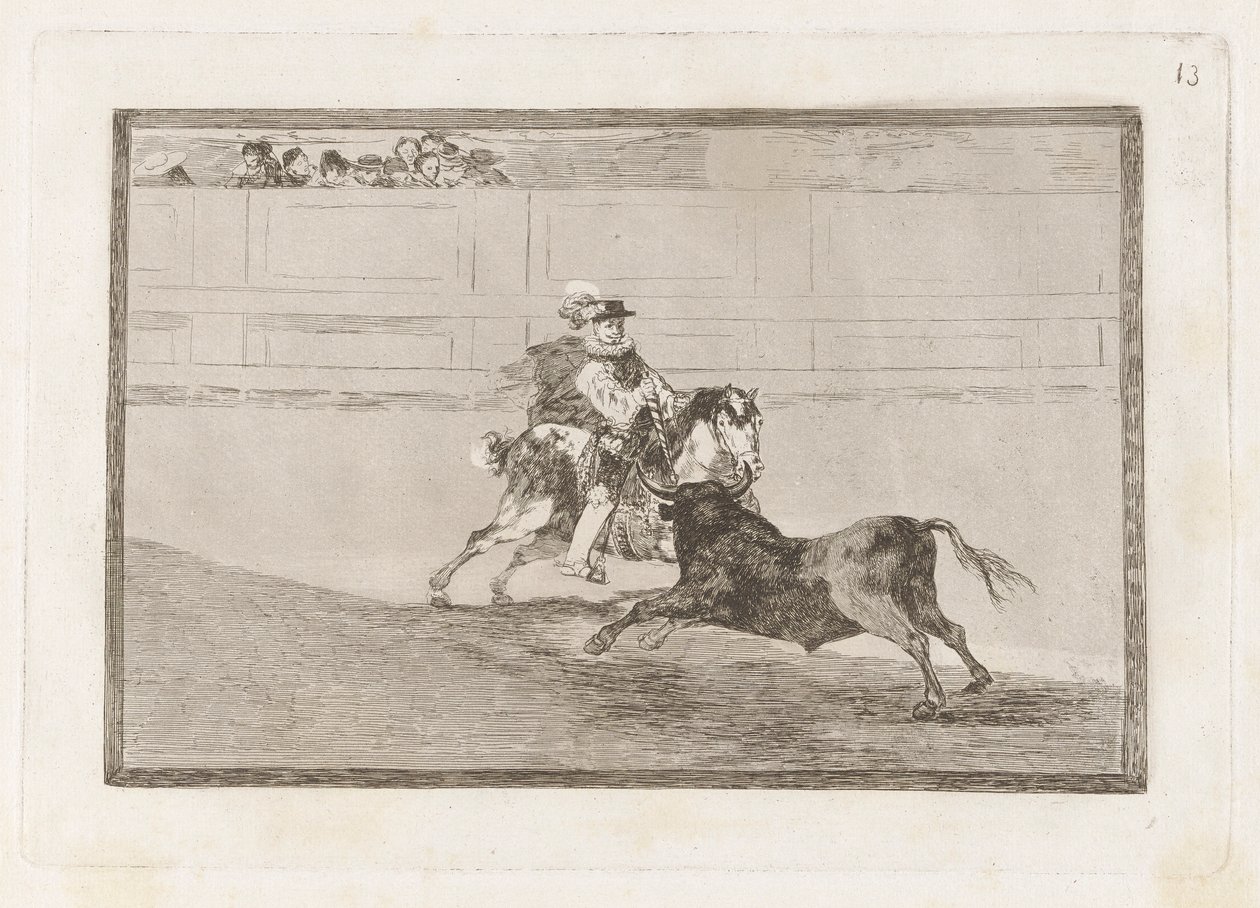 Un caballero espagnol en plaza quebrando rejoncillos sin auxilio de los chulos, Planche 13 de La tauromaquia - Francisco de Goya
