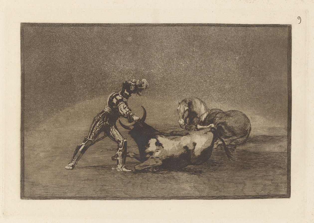 Un chevalier espagnol tue un taureau après avoir perdu son cheval, Planche 9 de La tauromachie - Francisco de Goya