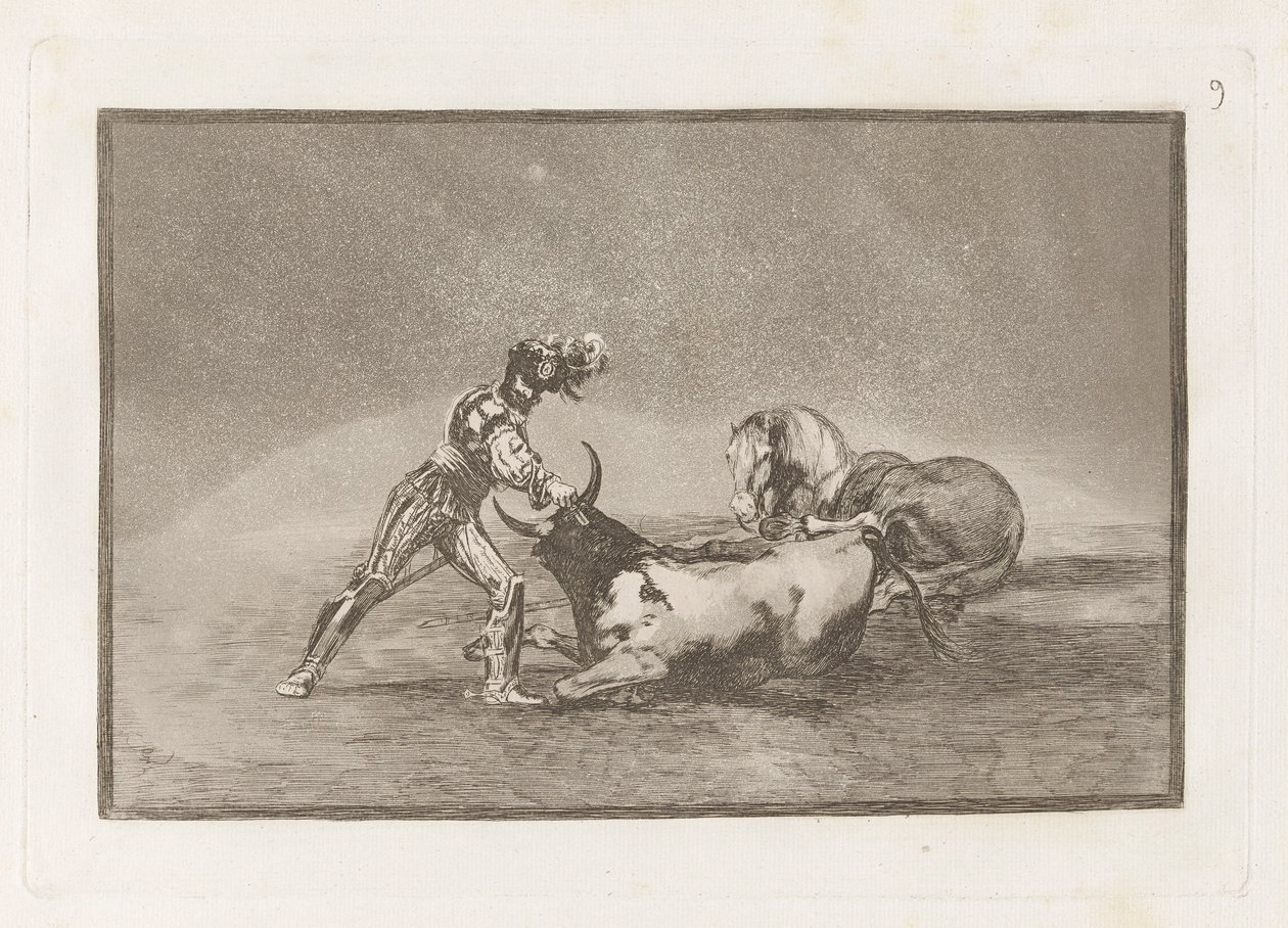 Un caballero espagnol tue le taureau après avoir perdu son cheval, Planche 9 de La tauromaquia - Francisco de Goya