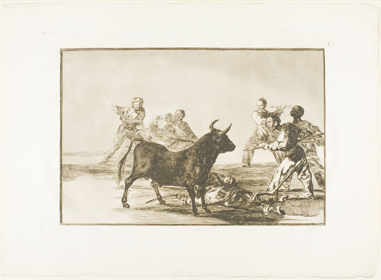 La populace coupe les jarrets du taureau avec des lances, des faucilles, des banderilles et d
