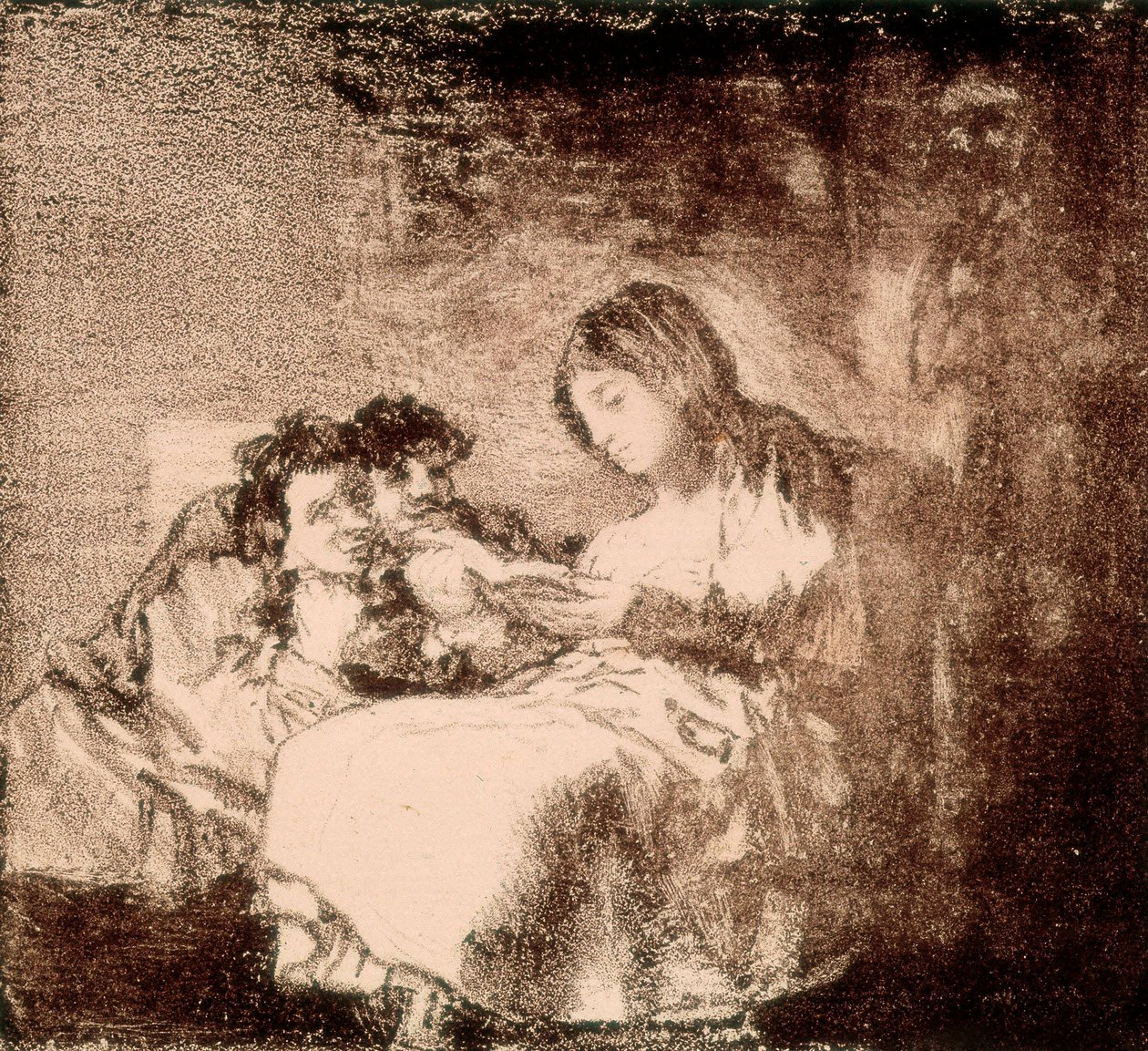 Une femme lit une histoire à deux enfants. Lithographie de Francisco de Goya y Lucientes (1746-1828). - Francisco Jose de Goya y Lucientes