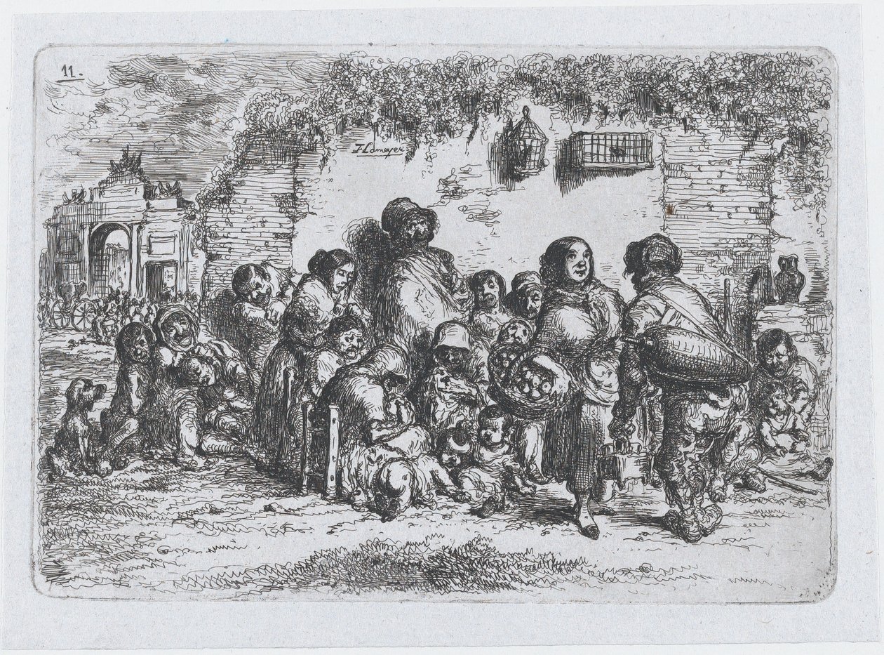 Planche 11 : un groupe de personnes en plein air, de la série des coutumes et passe-temps des Espagnols..., 1850 - Francisco Lameyer Berenguer