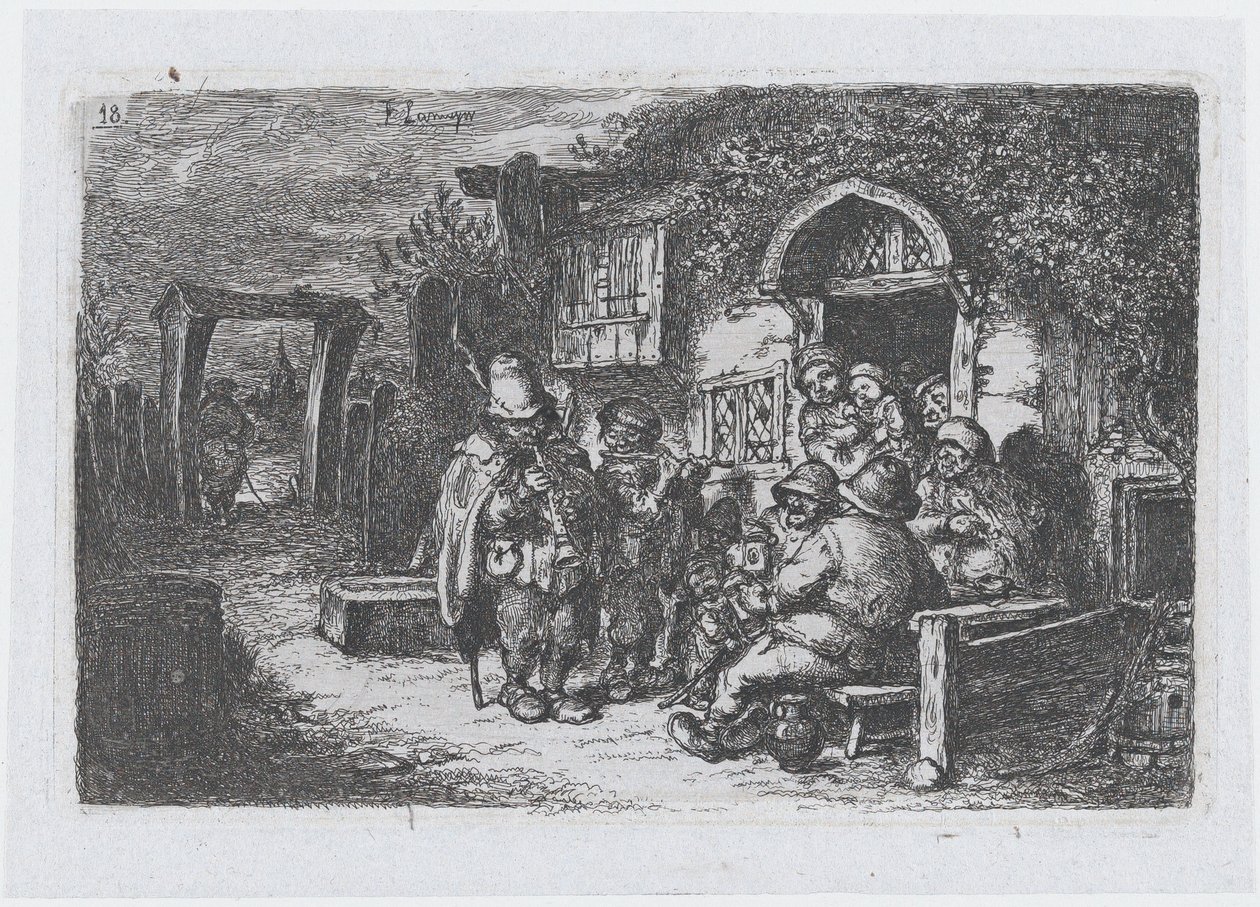 Planche 18 : musiciens de rue et autres figures devant une taverne, de la série des coutumes ..., 1850. - Francisco Lameyer Berenguer