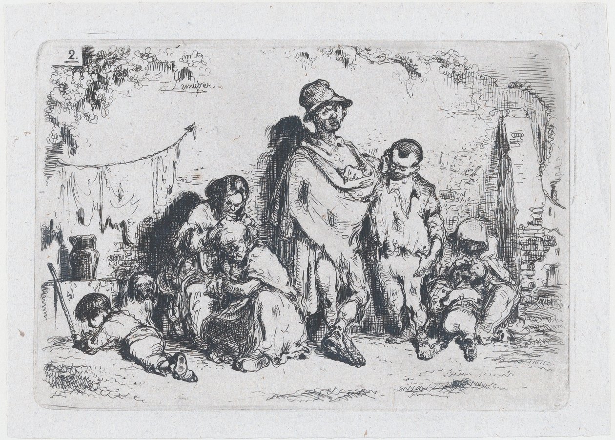 Planche 2 : un groupe de personnes dans la rue, peut-être des mendiants, de la série des coutumes - Francisco Lameyer Berenguer