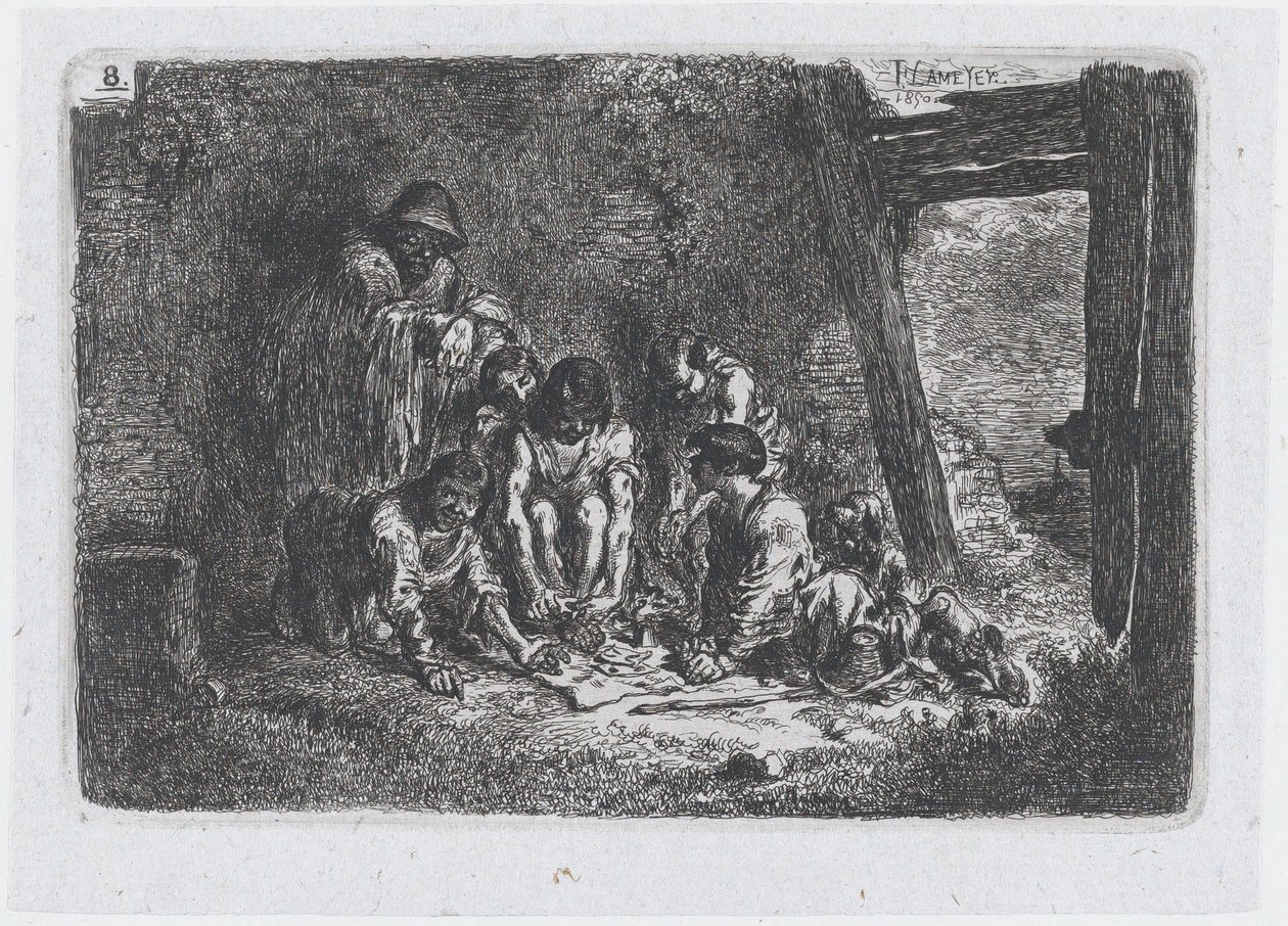 Planche 8 : un groupe de personnages dont certains jouent à un jeu, de la série des coutumes - Francisco Lameyer Berenguer
