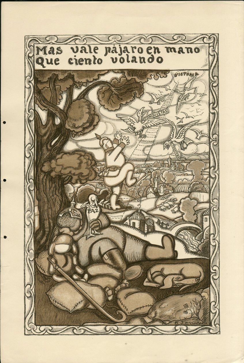 Illustration de Francisco Sancha Lengo (1874-1936) - Feuille volante, ca. 1915 - Mas vale pájaro en mano que ciento volando - Guerre de 14-18, Allemagne Prusse, Belligérants et symboles, Victoire, Paix, Langue espagnole, Presse étrangère - Francisco Sancha y Lengo