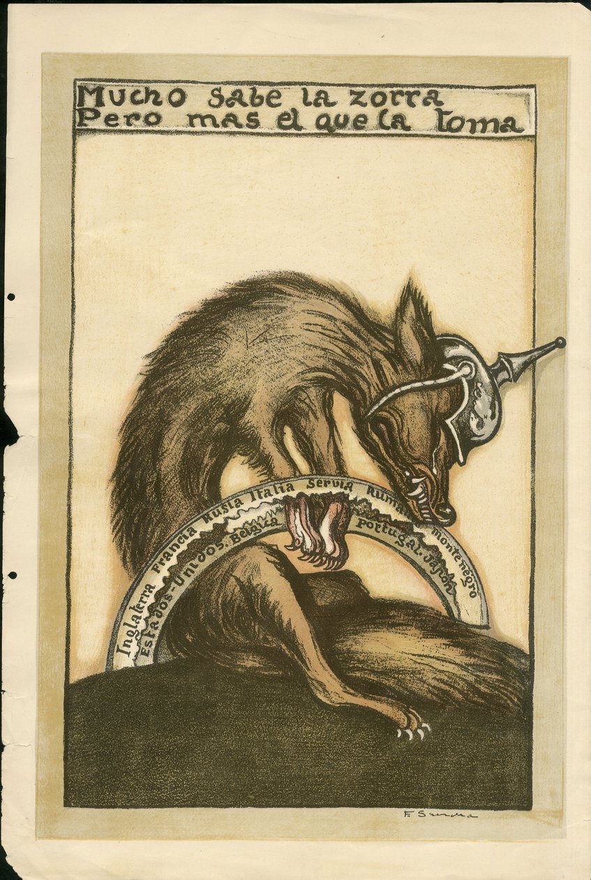 Illustration de Francisco Sancha Lengo - Feuille volante, vers 1915 - Mucho sabe la zorra pero mal el que la toma - Guerre de 14-18, Allemagne Prusse, Belligérants et symboles, Alliés, Langue espagnole, Presse étrangère - Renard -, Obstruction, Animation - Francisco Sancha y Lengo