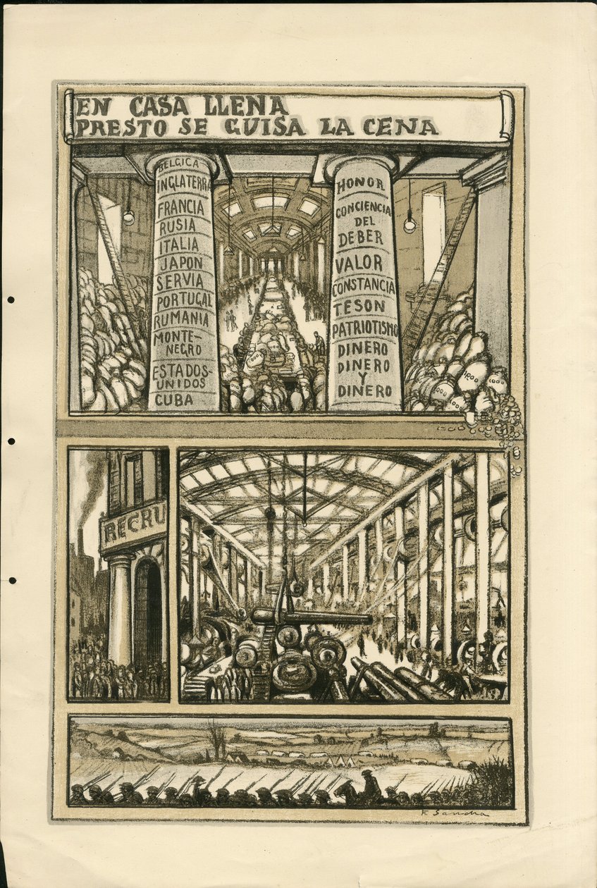 Illustration de Francisco Sancha Lengo - Feuille volante, vers 1915 - En casa llena presto se guisa la cena - Guerre de 14-18, Canons, obus, Usines industrielles, Langue espagnole, Mobilisation, Presse étrangère - Francisco Sancha y Lengo
