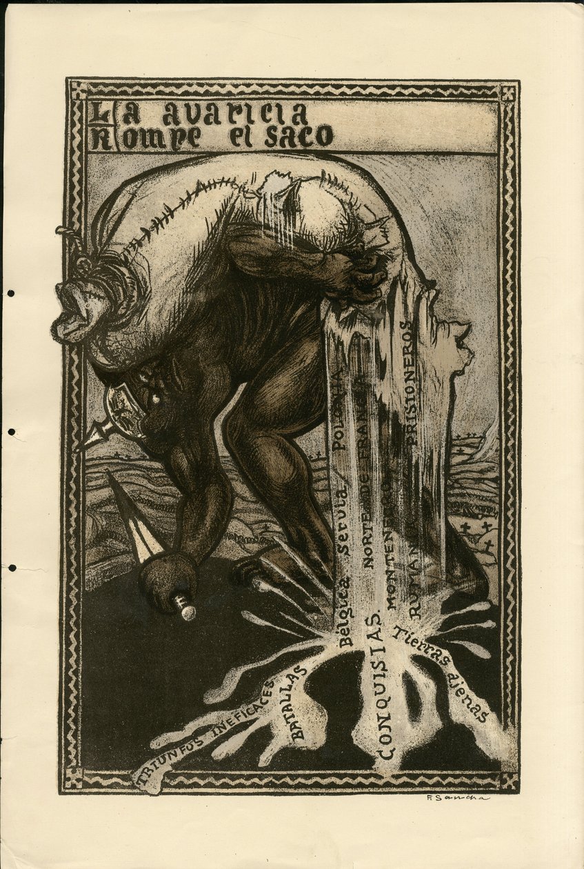 Illustration de Francisco Sancha Lengo - Feuille volante, vers 1915 - Guerre de 14-18, Allemagne Prusse, Argent, Belligérants et symboles, Langue espagnole, Presse étrangère - Francisco Sancha y Lengo
