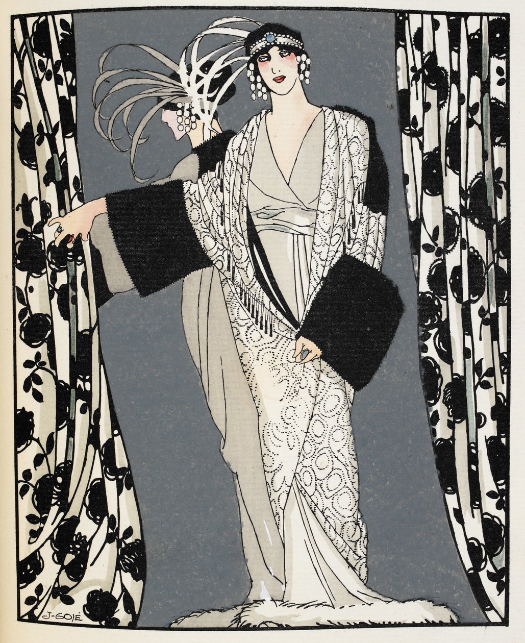 Blanc et noir. Une femme portant un costume conçu en 1855 par John Redfern, illustration de 