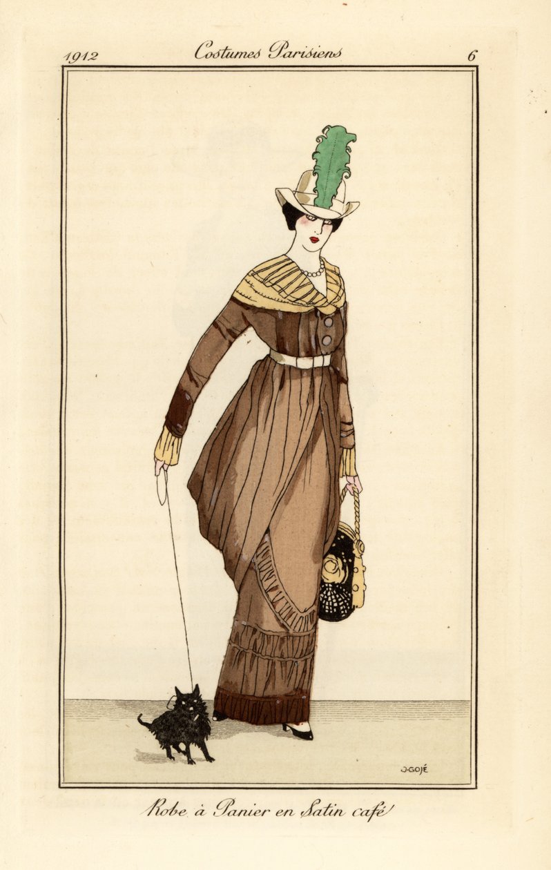 Femme en robe panier en satin couleur café avec chien de compagnie, gravure du Journal des Dames et des Modes de Tommaso Antongini, Aux Bureaux du Journal des Dames, Paris - Francesc Xavier Gosé