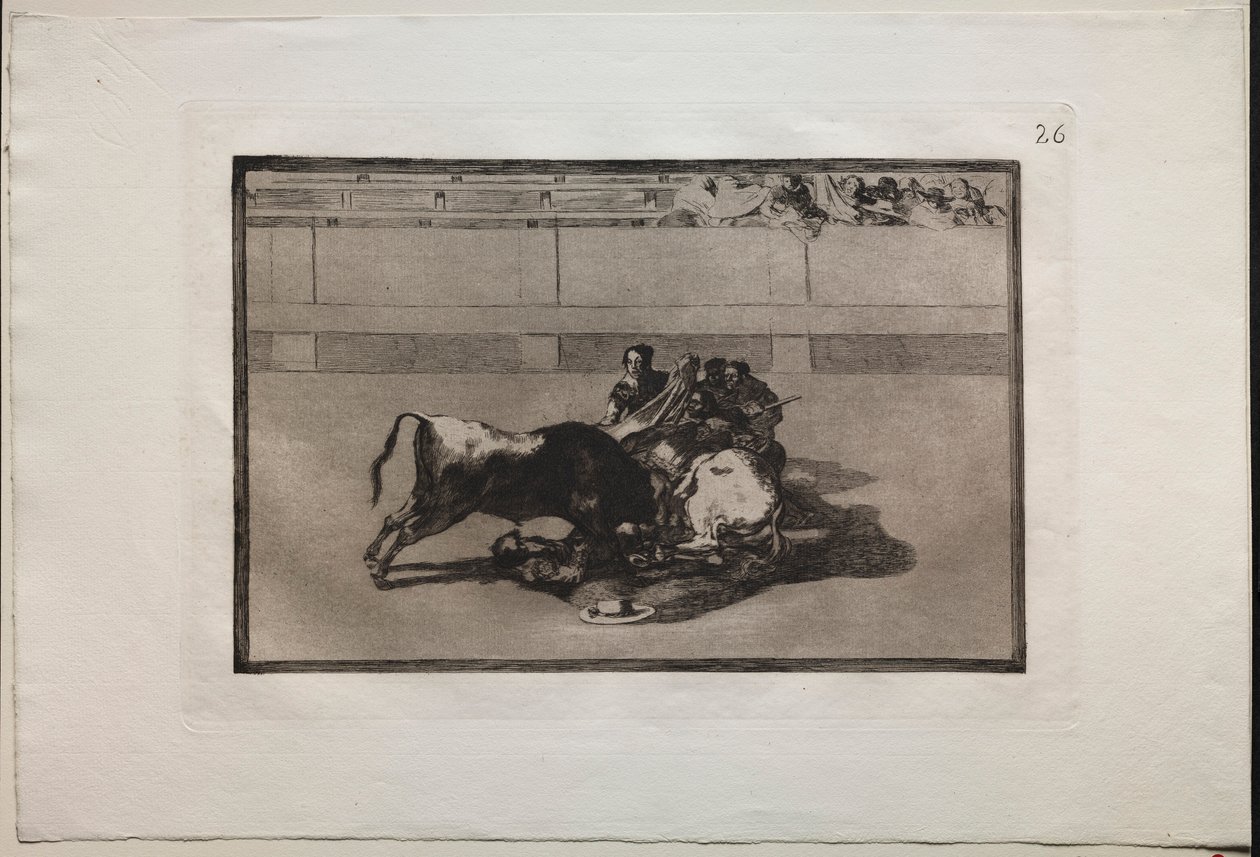 Corridas : Un picador est désarçonné et tombe sous le taureau, 1876 - Francisco de Goya