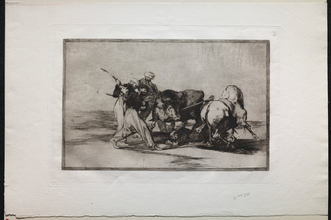 Corridas : Les Maures installés en Espagne, abandonnant les superstitions du Coran, ont adopté cet art de la chasse et lancent une lance à un taureau en plein air - Francisco de Goya